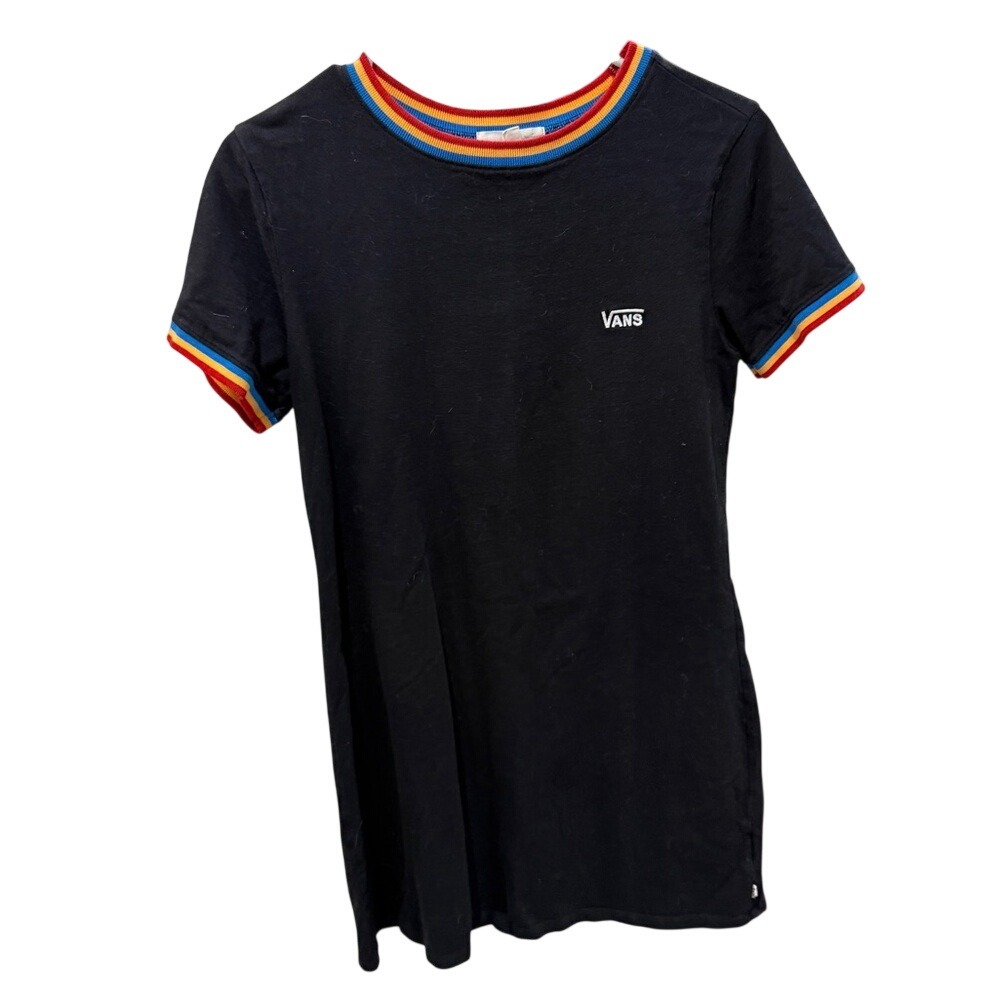 Vans Women Black Rainbow Ringer TShirt dress Embroidered hit Size M Short Sleeve